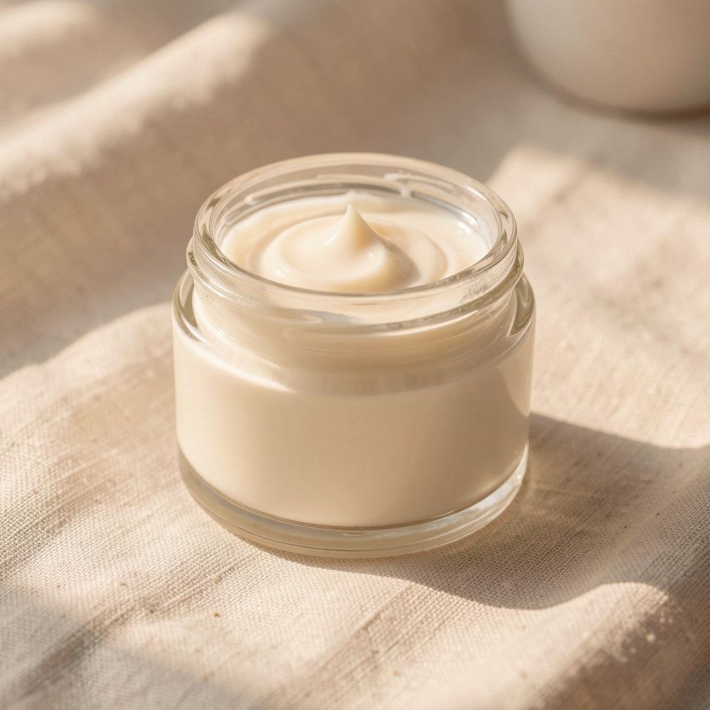 Glass jar of rich body cream on pale linen surface, soft natural daylight, editorial composition