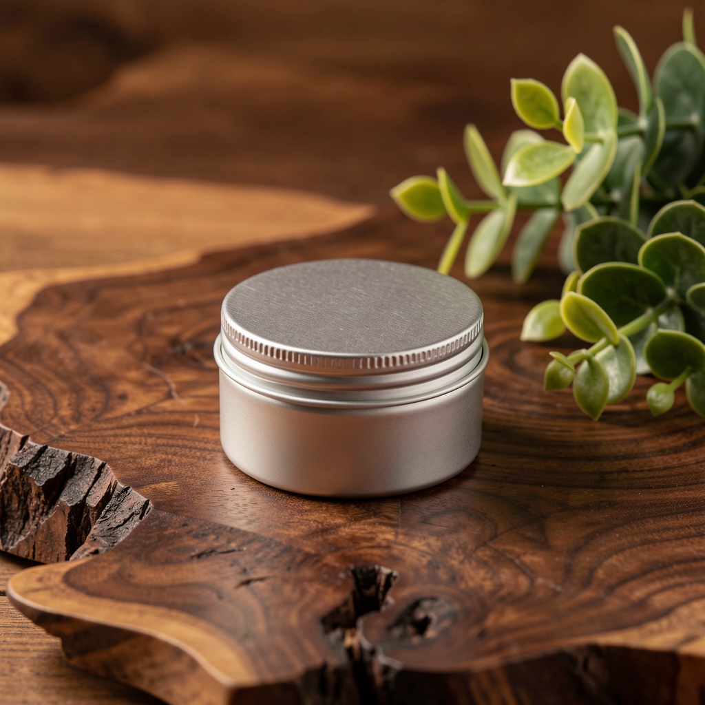 Small body balm tin on dark natural wood surface, warm studio light with organic plant element nearby