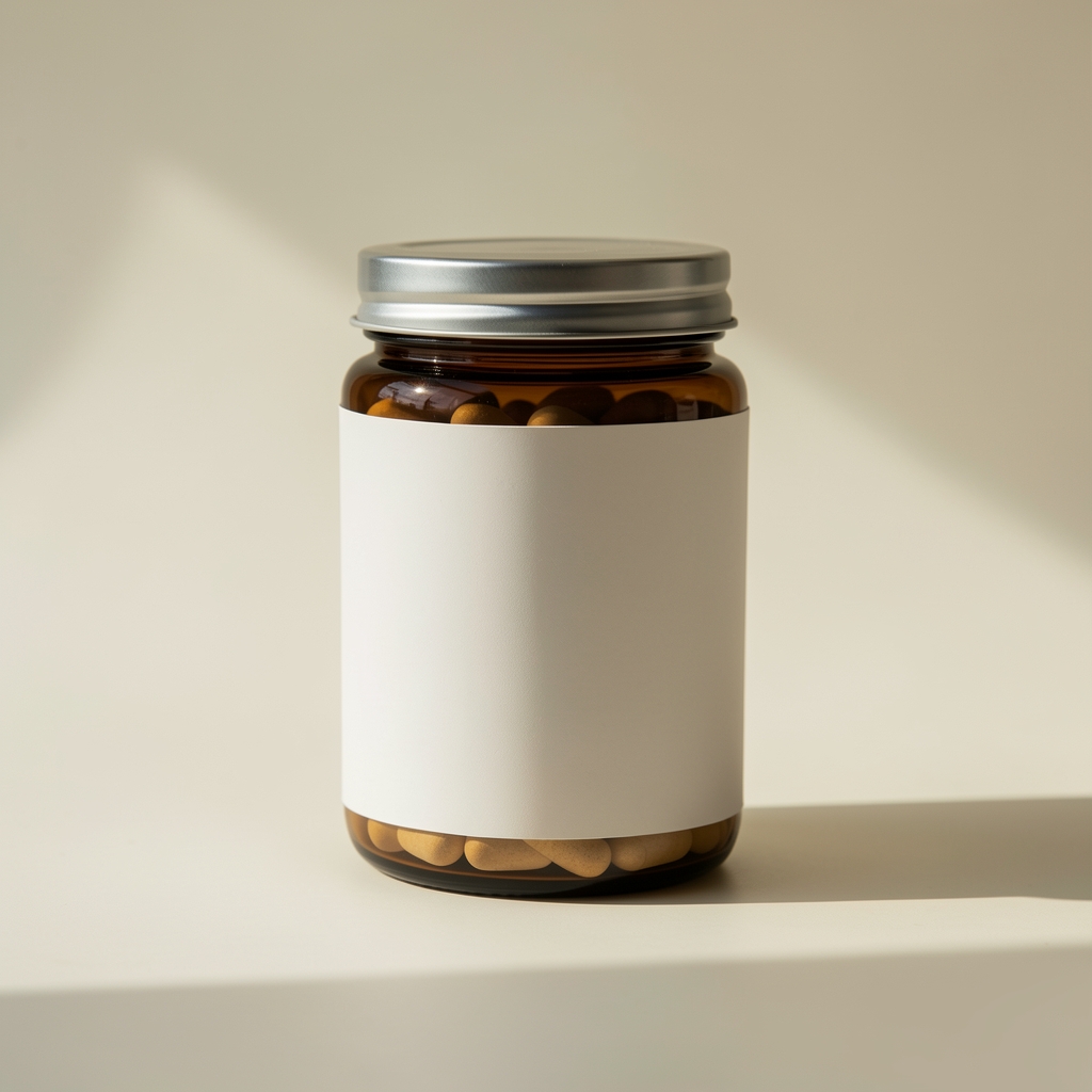 Supplement jar with matte label on pale background, dramatic side light, supplement range still life